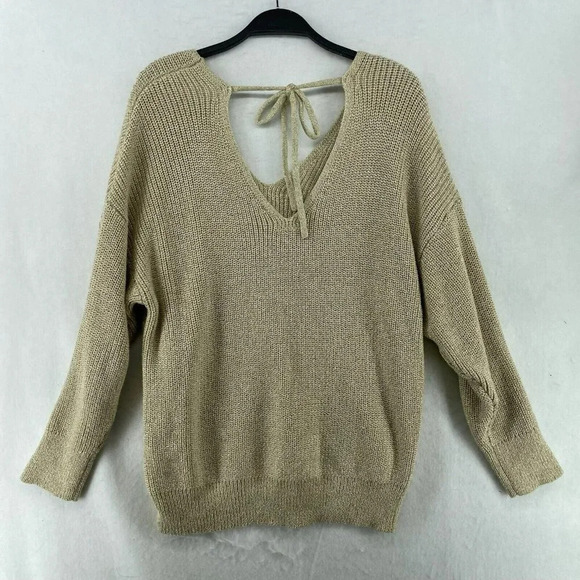 Loft Sweater Women's Sz 14 Plus Beige Knitted V-Neck Gold Metallic Tie-Back - Picture 2 of 12